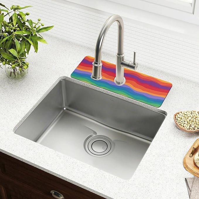 Wavy Rainbow Color Stripes Kitchen Sink Splash Guard Sink Faucet Mat Faucet Handle Drip Catcher Drain Mats for Kitchen Bathroom Countertop Absorbent Dish Drying Pad 2Pack 30x5.4IN