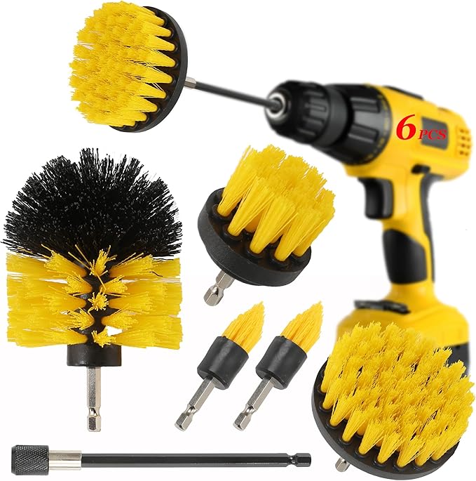 6Pcs Drill Brush Cleaning Kit for Shower & Bathtub - Yellow Power Scrubber Attachments with Extendable Rod, Multi-Surface Brush Set for Bathroom, Kitchen, Car (Yellow-6pcs)