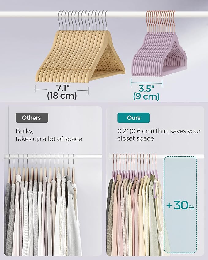 SONGMICS Slim Velvet Hangers, Non-Slip Clothes Hangers with Rose Gold Swivel Hooks, Space-Saving, for Closet, 50 Pack, Light Purple UCRF026P50