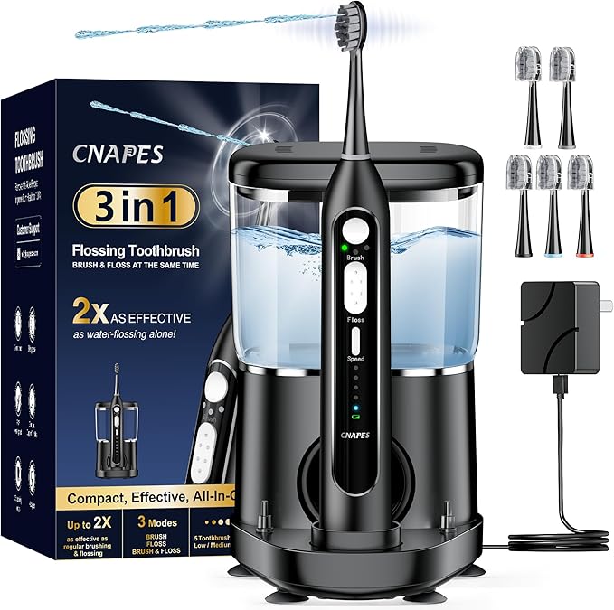 Electric Toothbrush with Water Flosser Combo in One - Sonic Flossing Toothbrushes for Teeth Cleaning, Rechargeable,Portable Cordless Water Flosser for Adults, 17oz Large Tank, 3 Modes & 5 Brush Heads