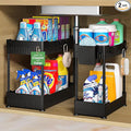 2 Pack Under Sink Organizer, Under Bathroom Cabinet Organizer with Hooks Hanging Cup, Multi-Purpose Storage Shelf for Kitchen Bathroom, Black