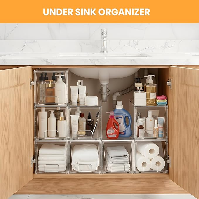 2 Pack Large Stackable Storage Drawers, Acrylic Bathroom Undersink Closet organizers and storage, Clear Plastic Bins for Pantry, Kitchen Cabinets, Makeup, Perfume, Baby Bottles, Medicine Organization