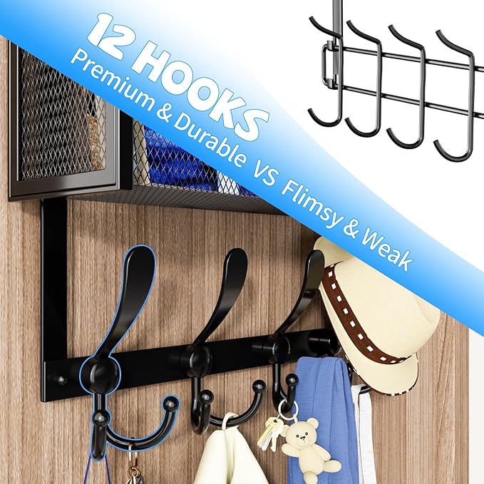 Kaiferty Over The Door Hooks Organizer, Coat Rack Over The Door Storage Hanger Towel Rack, Back of Door Storage Organizer for Bathroom,Bedroom,Kitchen,Office (Black, 4-Tier)
