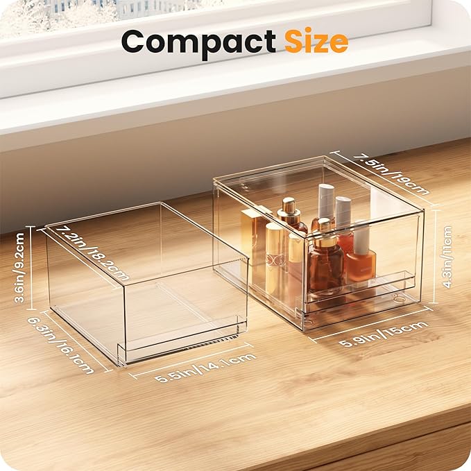 A-LuGei 【𝟰𝗣𝗖𝗦】 Acrylic Stackable Storage Drawers, 7.5" L Makeup Organizer, Bathroom Organizer and Storage, Plastic Storage Bins for Kitchen Cabinet Pantry Medicine Fridge