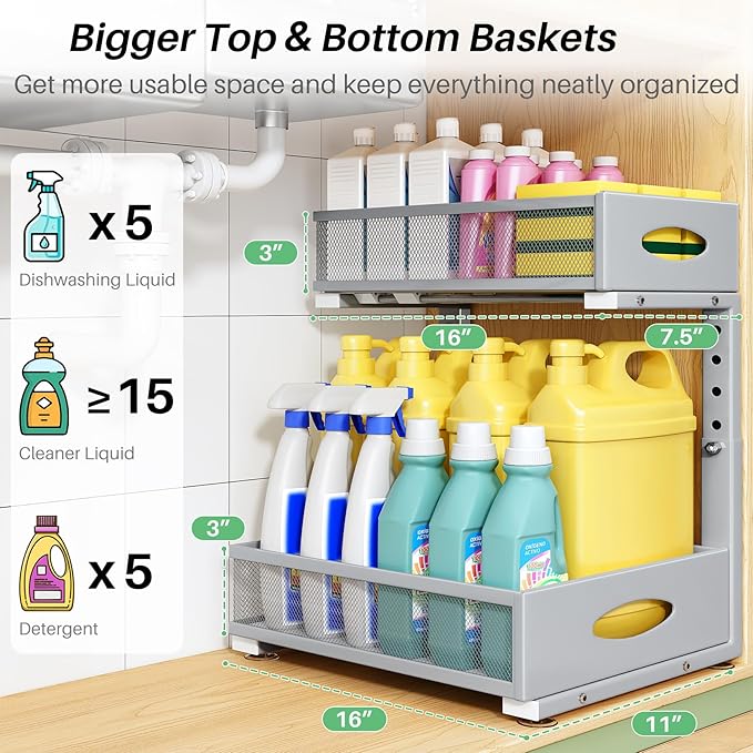 Under Sink Organizer, 2-Pack Pull Out Cabinet Organizer 2 Tier Metal Slide Out Storage Shelf Rack, L-Shaped Adjustable Height,Mesh Sliding Drawer for Kitchen, Bathroom, Laundry, Pantry, Grey, XL