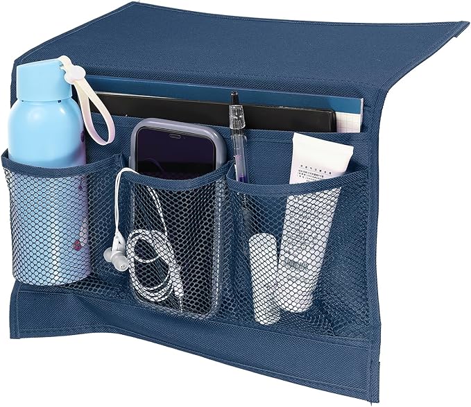 PATIKIL Bedside Caddy, Bed Organizer with 4 Pockets, Blue