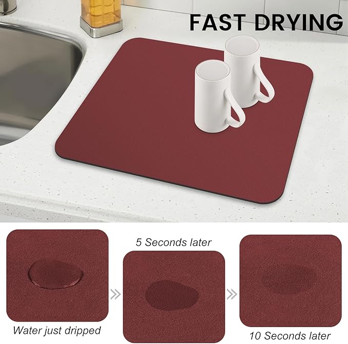 WISELIFE Dish Drying Mat Super Absorbent Drying Mat Large Dish Drying Mats for Kitchen Counter Easy Clean Dish Mat Kitchen Drying Mat15"x 18" Classic Red