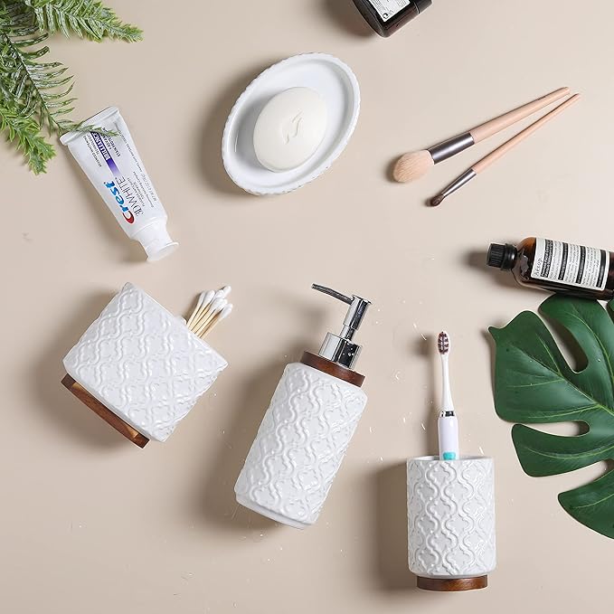 Bathroom Accessories Set 4 Pcs Toothbrush Holder Soap Dispenser Ceramic and Wood Bathroom Decor Set Contain Toothbrush Cup Soap Dish Tumbler White