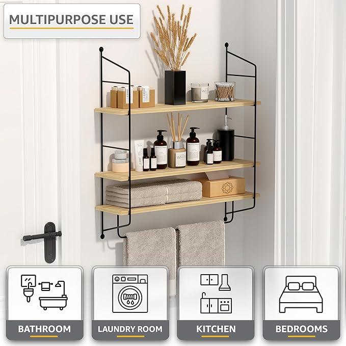 Sorbus 3-Tier Floating Bathroom Shelves for Wall - Wood Wall Storage for Towels, Over The Toilet Storage Cabinet, Gaming Floating Shelves, Bathroom Accessories, and Home Decor (Maple)