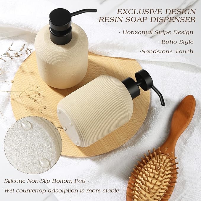 Hand Soap Dispenser, Beige Soap Dispenser for Bathroom 2 Pack, 12 Fl Oz Resin Soap and Lotion Dispensers Set with Plastic Pump, Boho Refillable Liquid Dish Soap Dispensers Bottle