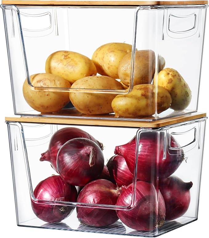 Pantry Organizers Storage, 2 Pack Under Sink Organizer Trash Bag Holder with Bamboo Lids Large Capacity Clear Storage Bins for Onion, Potato, Garlic, Canned Food Kitchen Countertop Organizer