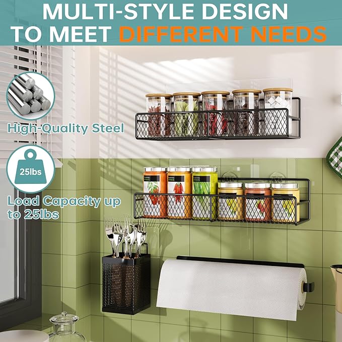 DTUQTX Spice Rack Wall Mounted 6 Pack: 100% Metal & Strong Adhesive Spice Organization for Kitchen Cabinet/Pantry Door, No Drill Hanging Seasoning Organizer with Paper Towel Holder, Utensil Caddy