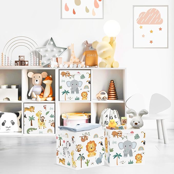 Clastyle Jungle Animal Storage Cube Organizer Set Tree Closet Clothes Cube with Metal Frame Foldable Parents Organizer Storage Basket for Book Toy,White,11.8x11.8x11.8 in