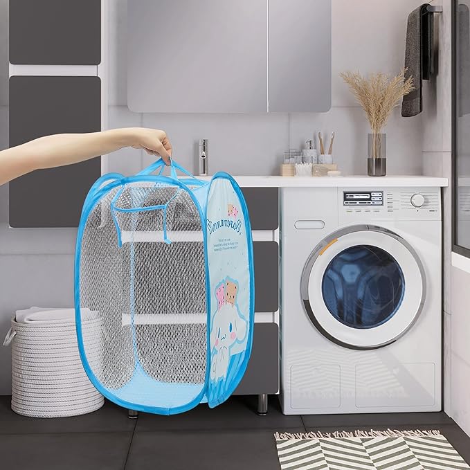 Cute Mesh Popup Laundry Hamper with Carry Handles, Large Capacity Foldable Lightweight Dirty Clothes Basket for Girls Room, Dorm | Travel & Camping