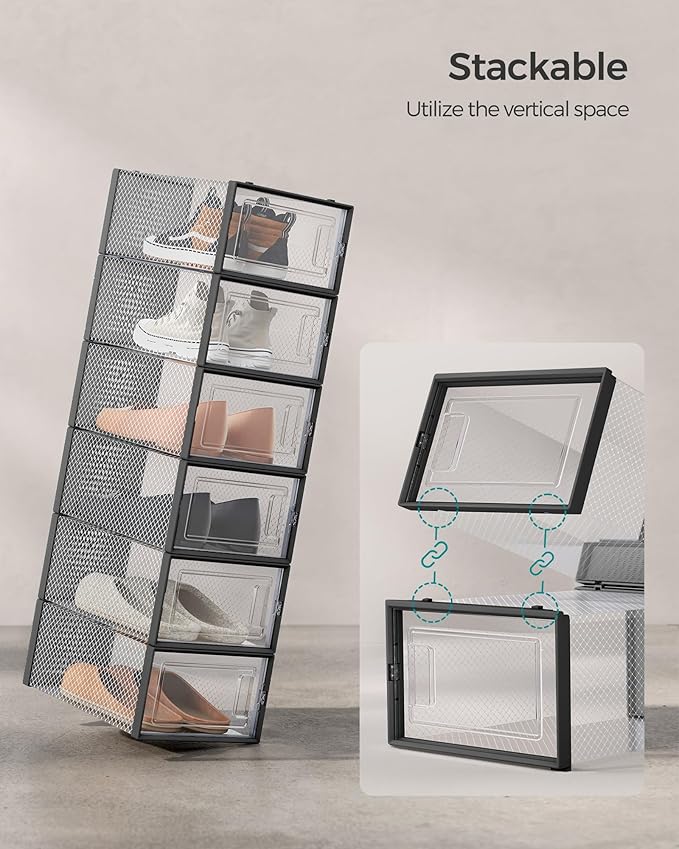 SONGMICS Shoe Boxes, Pack of 12 Shoe Storage Organizers, Stackable Clear Plastic Boxes for Closet, Sneakers, 13.1 x 9.1 x 5.6 Inches, Transparent and Black ULSP006B12