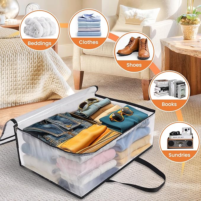 8 Pack Clear Storage Bags for Comforter, Clothes & Bedding, Plastic Blanket Storage with Zipper and Handle, Moving Bags, Closet Organizer and Under-Bed Storage (60L)