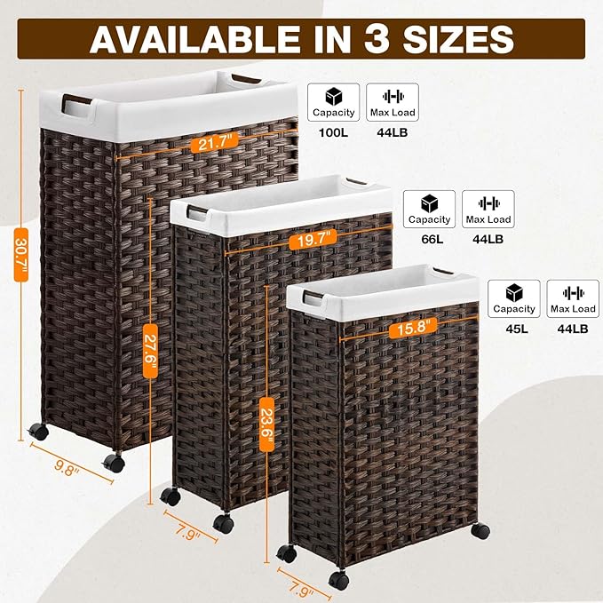 Greenstell Laundry Hamper with Wheels, 17.4 Gallon (66L) Slim Laundry Basket with 2 Removable Liner Bags & 2 Mesh Bags, Narrow Rattan Clothes Hamper for Bedroom, Laundry Room, Bathroom, Brown