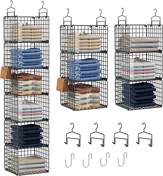 6 Tier Closet Hanging Organizer, Metal Closet Organizers and Storage with 4 Hanging Hooks 4 S-Hooks for Wardrobe Laundry Room, Wire Storage Shelf for Clothes Sweaters Pants (Black)