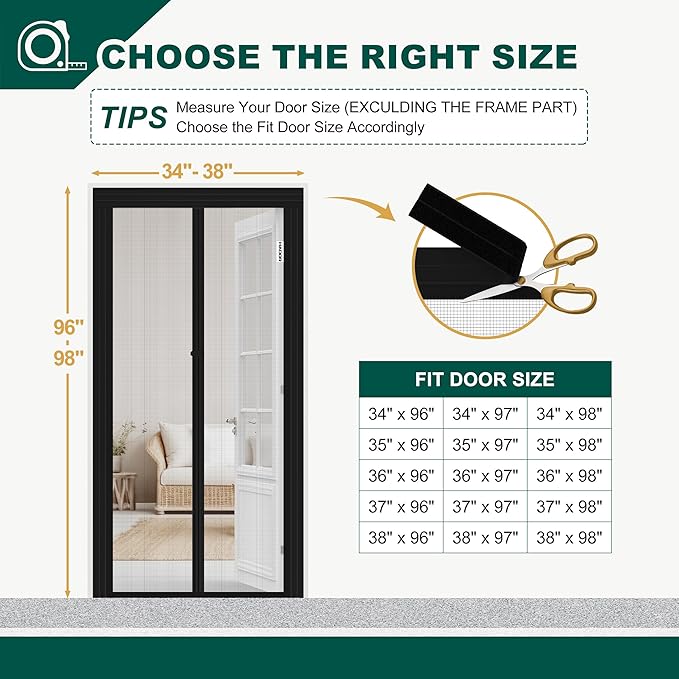Adjustable Magnetic Screen Door Fit Door Size Width 34" - 38" Height 96" - 98", DIY Widen Heavy Duty Door Net Screen Mesh with Strong Magnet for Front Back, Black