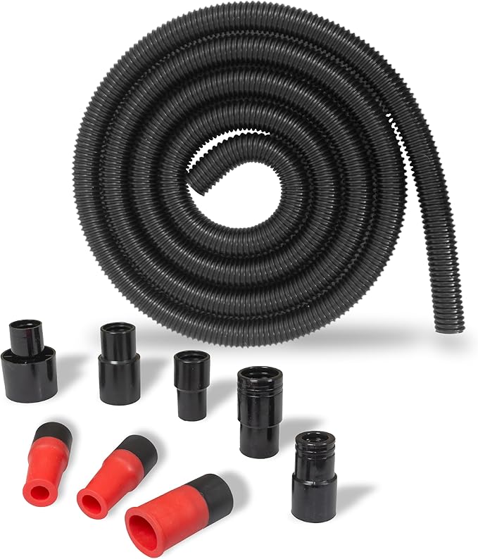 10 Foot Long Dust Collection Power Tool Hose Kit with 8 Attachments for Multiple Types/Brands of Power Tools and Work Shop Vacuums Featuring Sili Flex Fit Fittings (Hose w/ 8 Fittings)
