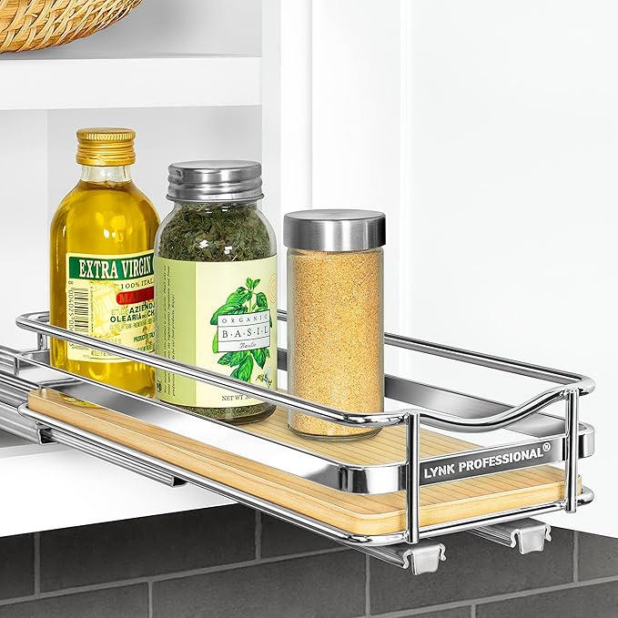 LYNK PROFESSIONAL® Élite™ Pull Out Spice Rack Organizer for Inside Kitchen Cabinets - 4-3/8 inch Wide - Slide Out Drawer – Wood/Chrome Sliding Spice Organization for cabinet - Spice Racks - 1 Tier