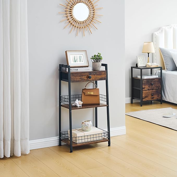 3-Tier Ladder Shelf with Drawer, Bathroom Table Stand for Small Space, Bathroom Standing Shelves with Storage for Living Room Bedroom Kitchen, Organizer Shelf, Rustic Brown