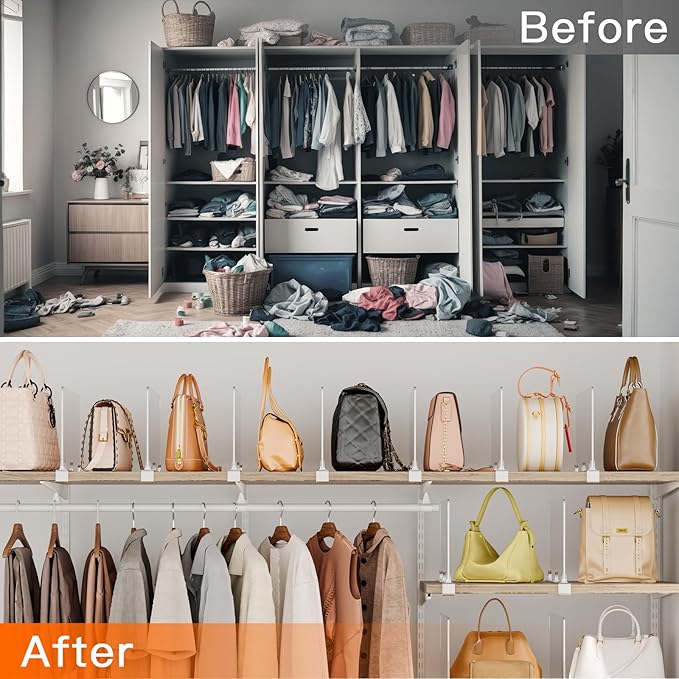 Fixwal 6 PCS Detachable Acrylic Shelf Dividers for Closet Organization Clear Shelf Divider for Closet Organizers and Vertical Purse Organizer for Closet, Bedroom, Kitchen, Office, Cabinets, Bathroom