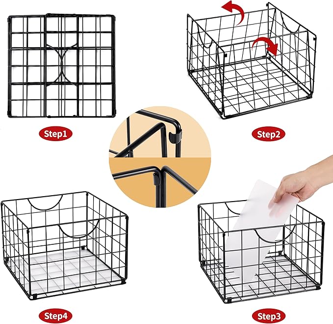 Metal Wire Basket Organizer Foldable Set of 6, Food Storage Mesh Bin with PVC Sheet, Freezer Organizer Bins for Pantry Closet Bathroom-Black
