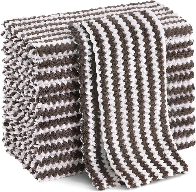 Homaxy 12 Pack Kitchen Dish Cloths, Ultra Soft and Absorbent Dish Towels, Reusable Fast Drying Microfiber Cleaning Cloth, Coral Velvet Wave Design No-lint, 10 x 10 inches, Brown