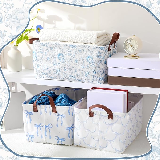 Boao 3 Pcs Blue Bow Storage Bin Collapsible Large Storage Baskets for Gifts Empty Candy Holiday Decor Canvas Laundry Basket Foldable Box with Handle for Office Home Bedroom Clothes