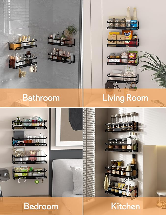 Spice Rack Wall Mount with Hooks - Spice Racks Organizer for Cabinet Storage, Wall Mounted Hanging Shelf Seasoning Organizer, for Kitchen, Pantry Door, Bathroom (Black, 4 Pack)