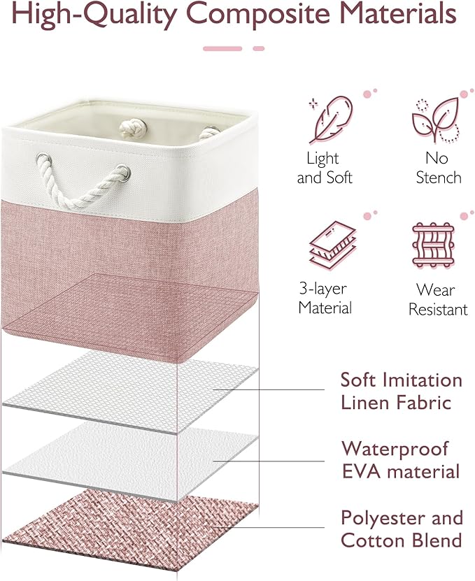 13x13x13 Cube Storage Bins,4 Pack Large Foldable Fabric Storage Cubes with Handles for Organizing Home, Closet, Shelf, Office(White&Pink)
