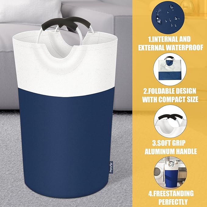 125L Laundry Basket, Collapsible Laundry Hamper with Padded Handles, Waterproof Laundry Bag, Tall Clothes Hamper Stand Up Well, Foldable Laundry Baskets for Easy Storage(Navy Blue)