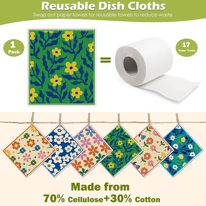 6 Packs Swedish Paper Cloths for Kitchen, Reusable Paper Towels Washable Dish Rags, Highly Absorbent Kitchen Towels Quick Drying Swedish Sponge Cleaning Dish Cloths(Colorful Broken Floral)