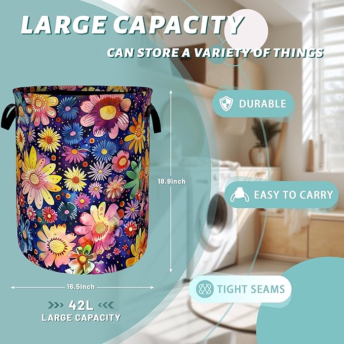 Abstract Hippie Flower Laundry Basket Watercolor Floral Laundry Hamper Foldable Oxford Cloth Colorful Tote Bag Clothes Toy Storage Bucket For Bathroom/Laundry Storage/Bedroom 18.9 x 16.5 Inch