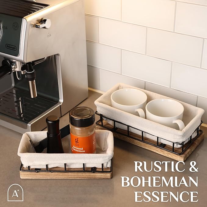 Set of 3 Decorative Basket Organizers, Sturdy Rustic & Farmhouse Decor Metal Wooden Baskets for Organizing, Wire with Liner, Perfect as Home, Kitchen or Bathroom Organizer