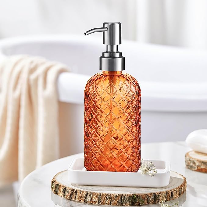 14 Oz Refillable Glass Soap Dispenser with Rust Proof Stainless Steel Pump, for Dispense Hand soap, Body wash, Lotion 2pack (Orange)