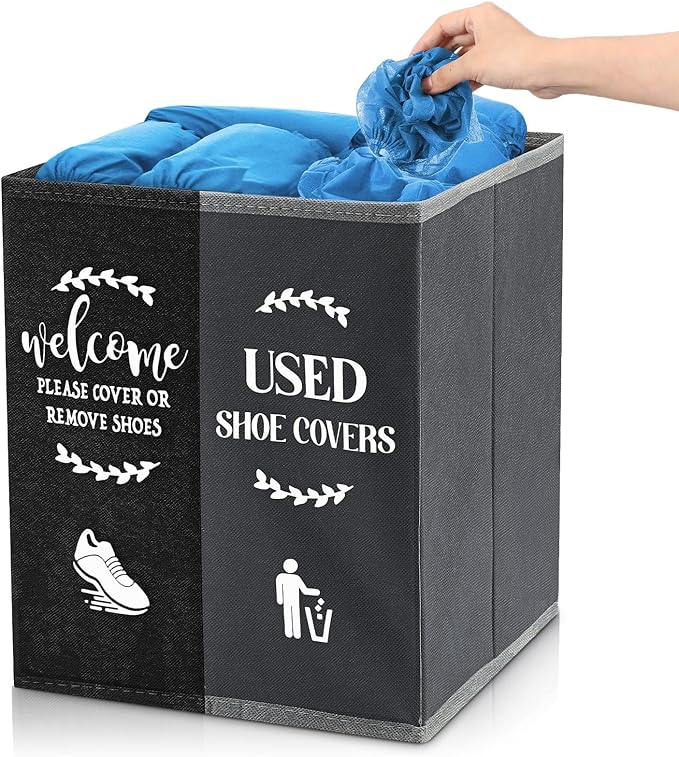 Shoe Cover Box Dispenser Foldable Storage Bin Holder with Used Shoe Covers and Welcome Please or Remove Sign for Open House Supplies (Black, Gray)