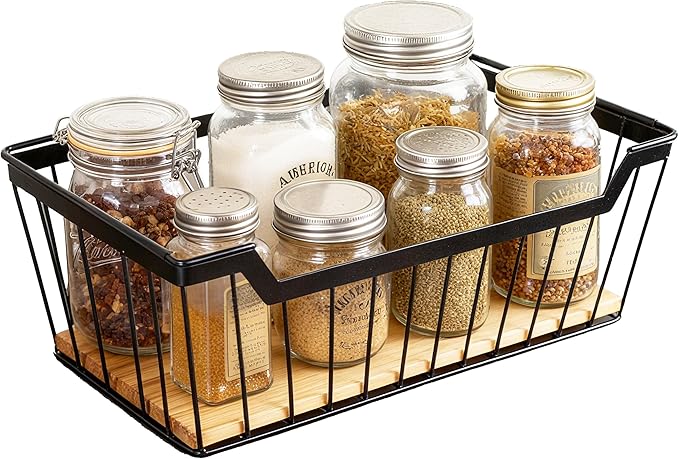 Metal Wire Basket with Handles Storage Organizer Stackable Organizing bin for Cabinet Shelf Countertop Under Sink Pantry for Kitchen,Bathroom,Laundry Closet, 1 Pack