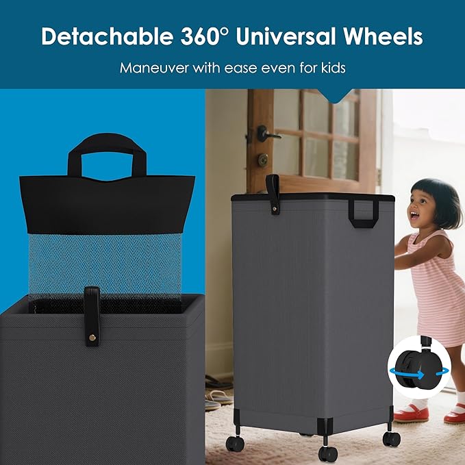 Laundry Basket with Wheels 105L, Large Rolling Laundry Hamper with Removable Bag, Metal Frame Collapsible Dirty Clothes Bin, Cloth Organizer Hampers Pull Handle for Bathroom, Dorm, Bedroom Dark Grey