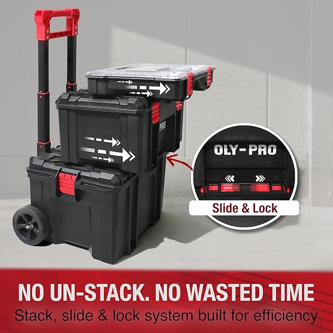 Modular Tool Box Storage System, Rolling Stackable Toolbox with Wheels, Heavy-Duty Plastic Organizer with Drawers for Garage or Truck, Black