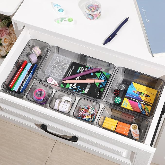 14 Pcs Clear Drawer Organizer, Adjustable Drawer Storage Box, 3-Size Desk Drawer Organizer, Acrylic Storage Bins for Makeup, Kitchen Utensils, Bedroom Dressers Tool Organizer for Gadgets, Black