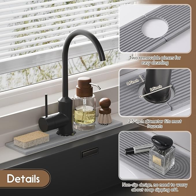 Faucet Mat for Kitchen Sink, Diatomite Quick Drying Tray , 15.8 Inch Kitchen Sink Splash Guard and Bathroom Stone Tray for Counter. Super Absorben.Deep Grey