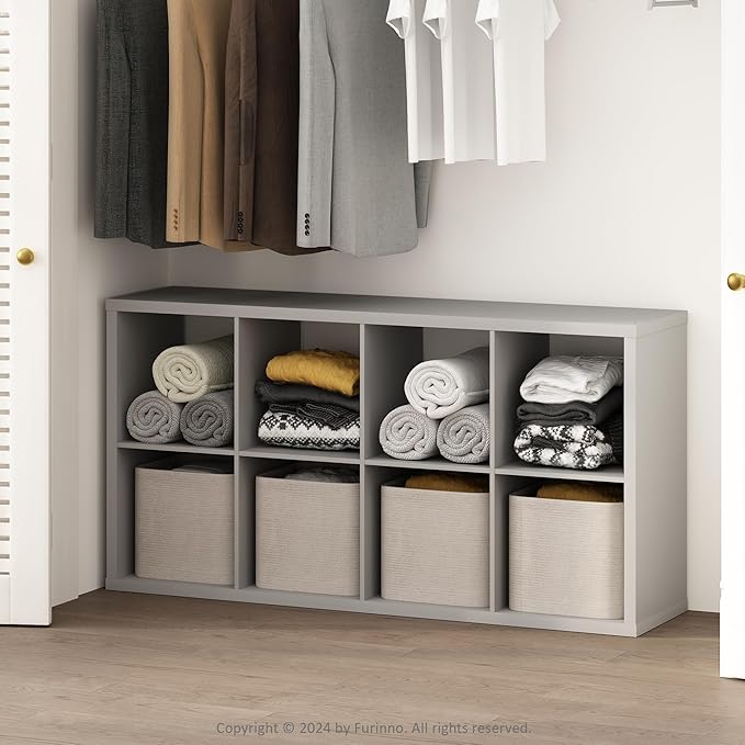Furinno Cubic Closet Organizers and Storage, 8-Cube Closet Organizer, Open Shelf Closet Storage, Extra Thick Frame for Wardrobe, Bedroom, Living Room, Light Grey