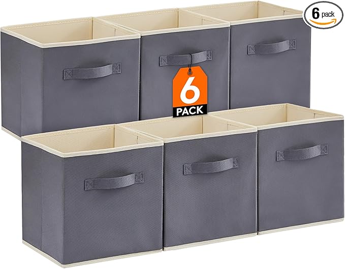 Lifewit Storage Cubes, Foldable Decorative Fabric Storage Baskets for Organizing Home Organizers with Handles for Shelves, Closet, 11 Inch Bins, 18L Gray, 6 Packs