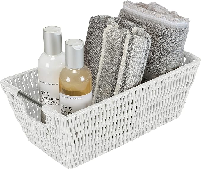 Simplify 11"x6.5"x4.5" Small Shelf Storage Woven Basket with Handles, Nursery, Playroom, Toys, Bedroom, Closet, Clothes, Office, Decorative Rattan Totes, White