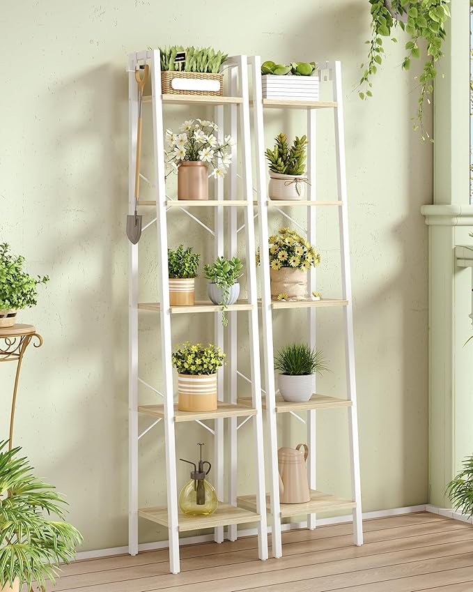 Ladder Shelf, Bookshelf Bookcase, Freestanding Corner Storage Shelve with 2 Hooks for Home Office, Living Room, Kitchen, Bedroom, Industrial, 11.8" D x 13.4" W x 63" H, White Oak and White