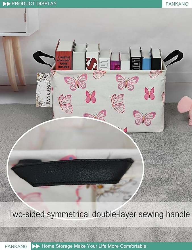FANKANG Storage Bins, Nursery Hamper Canvas Laundry Basket Foldable with Waterproof PE Coating Large Storage Baskets for Kids Boys and Girls, Office, Bedroom, Clothes,Toys(Rec-pink butterfly ）