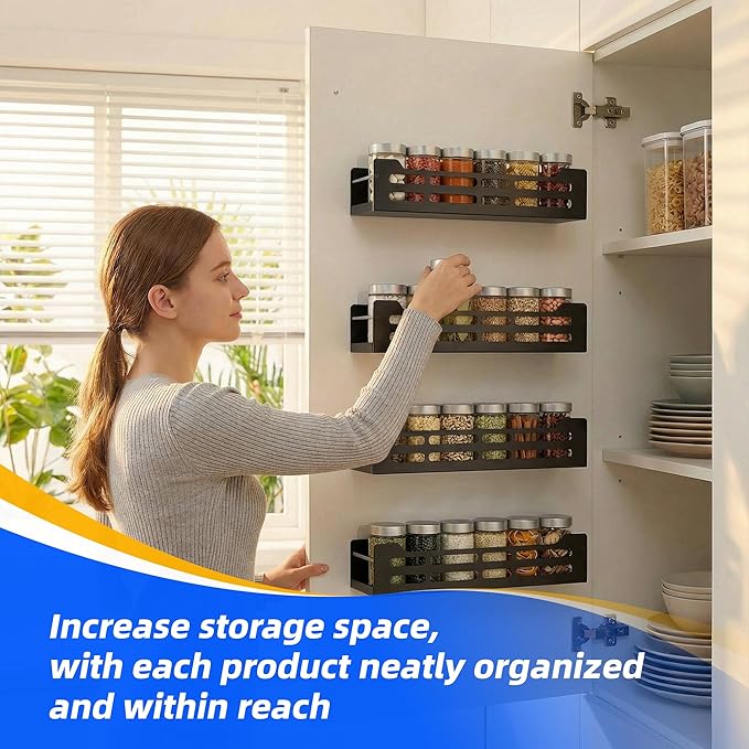GELYA 4 Pack Wall Mounted Spice Rack, Space-Saving Metal Spice Organizer, Screw/Adhesive Hanging Seasoning Rack for Kitchen Wall, Cabinet & Pantry Door, One-Piece Formed