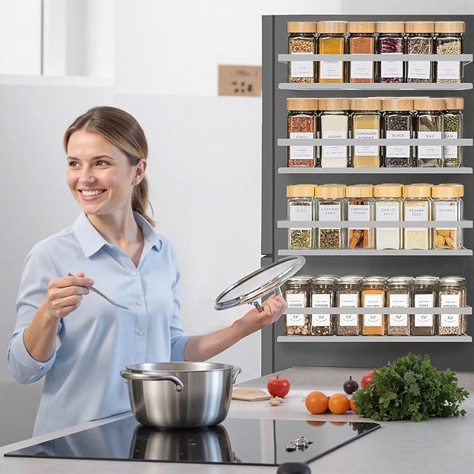 Magnetic Spice Rack for Refrigerator Seasoning Organizer for Spice Fridge Shelf storage Magnetic Shelf with Hook for Oven(4pack-Cut out-Grey)